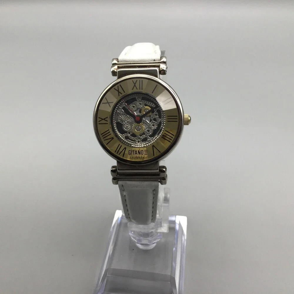 Vintage Gitano Womens Watch 30mm Skeleton Gold Dial White Leather New Battery